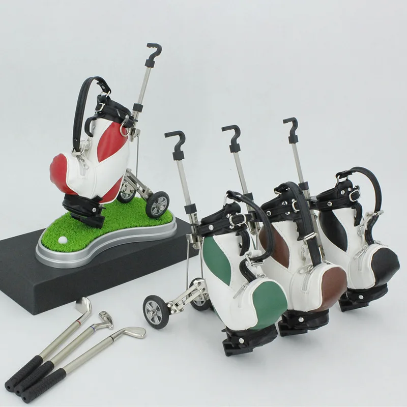 Movable plastic PU leather novelty gift mini packs fancy golf cart bag shape pen pencil case holders souvenirs with green lawn