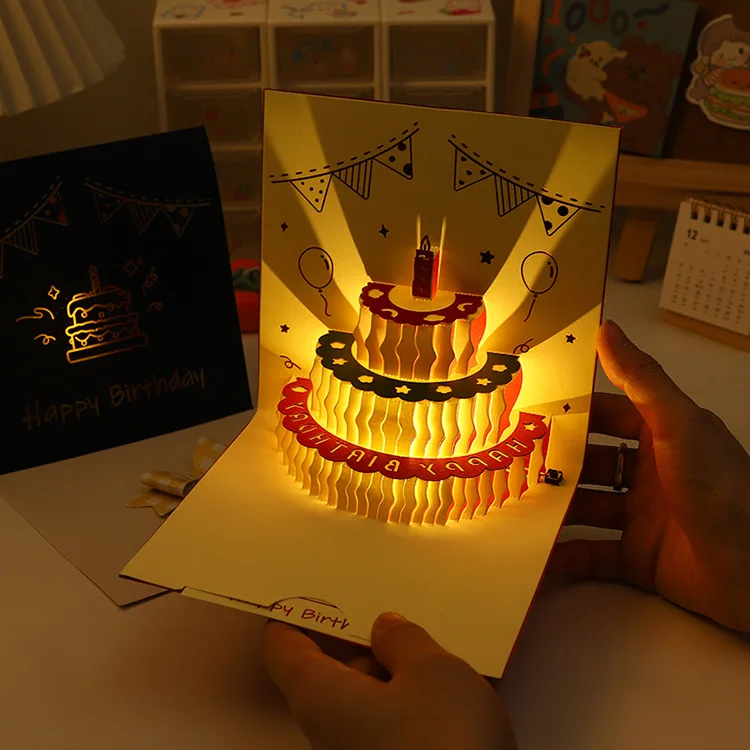 Wholesale Custom 3D Music Birthday Cards Pop Up Musical Birthday Cake Happy Birthday Greeting Card