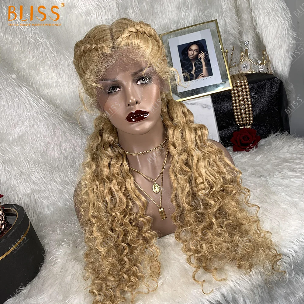 Bliss Heat Resistant Synthetic Water Wave Wavy Hair Lace Wig 613 Blonde African Women 2 Braided Twist Lace Wig With Baby Hair
