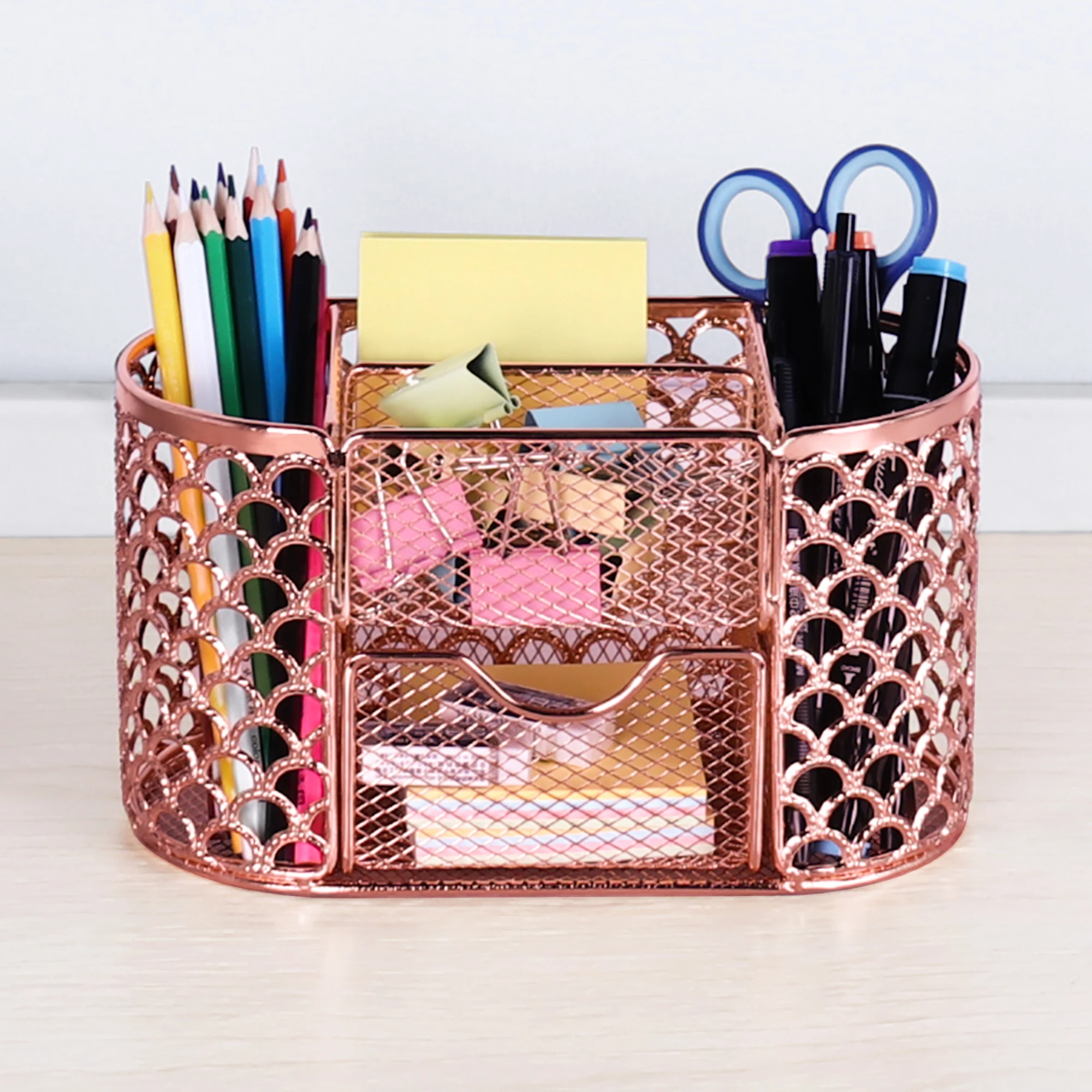Hot sell 6 compartments mesh table rose gold desk organizer