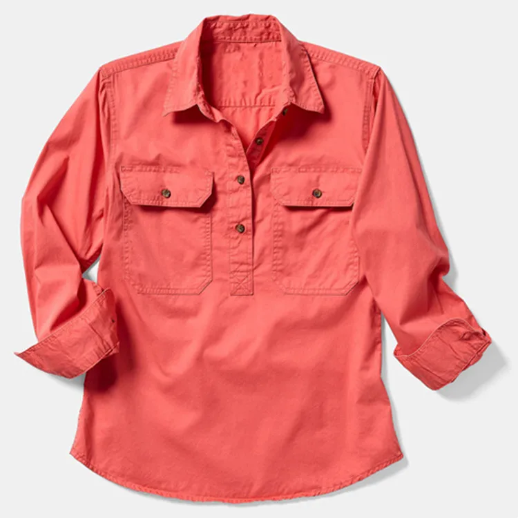 Women Half Button Long Sleeve Work Shirt Country Uniform Casual Yakka Two Pockets Cotton Workwear Shirt
