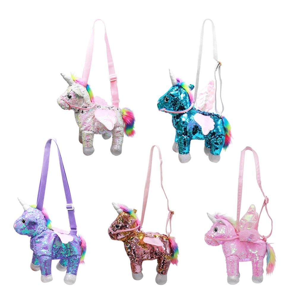 BSCI Certificate Customized Sequin Vertical Unicorn Figurine Toy Crossbody Bag Anime Plush Doll