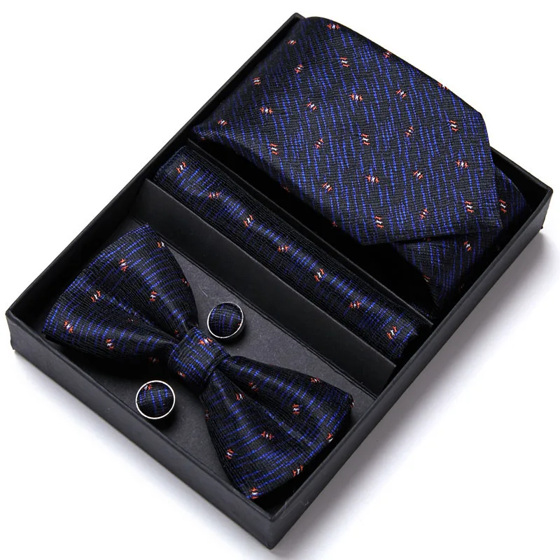 Mens Luxury Paisley Blue Silk Tie Pocket Squre Cufflinks Bowtie Set in Gift Box For Men Gift