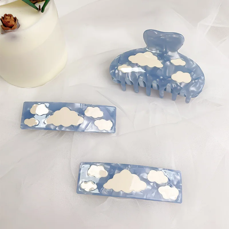 GIRLIZE High Quality Fashion Korean Women Acetic Acid Spring Hair Clips Blue Sky White Clouds Acetate Large Hair Claw Clips Set