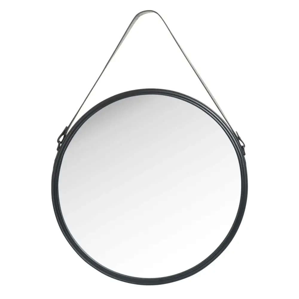 Wholesale metal frame wall leather strap round hanging mirror decorative