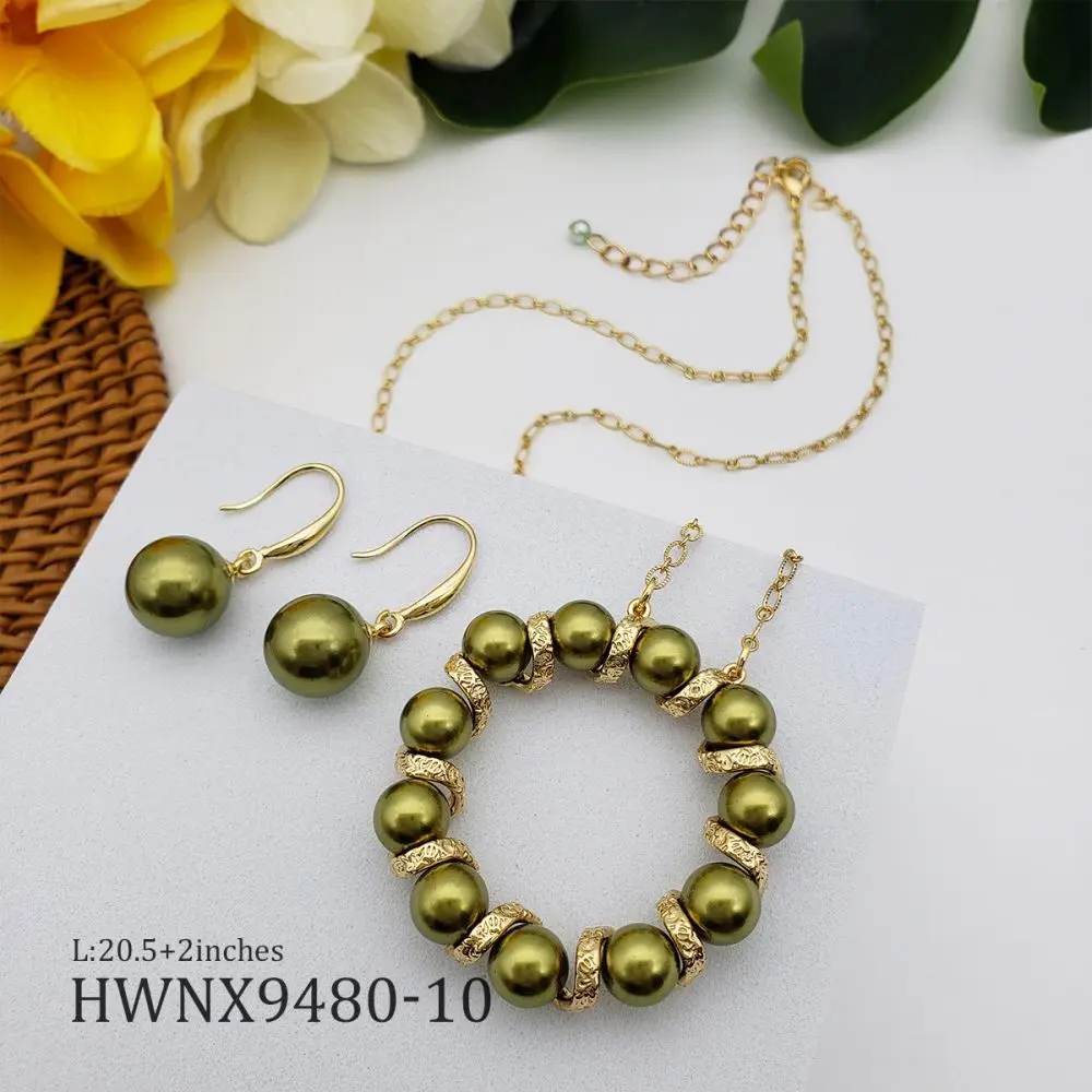 Hawaii Jewelry Circle Halo Pearls Necklace Hook Earrings Set Gold Plated Mother of Pearl Jewelry Set wholesale