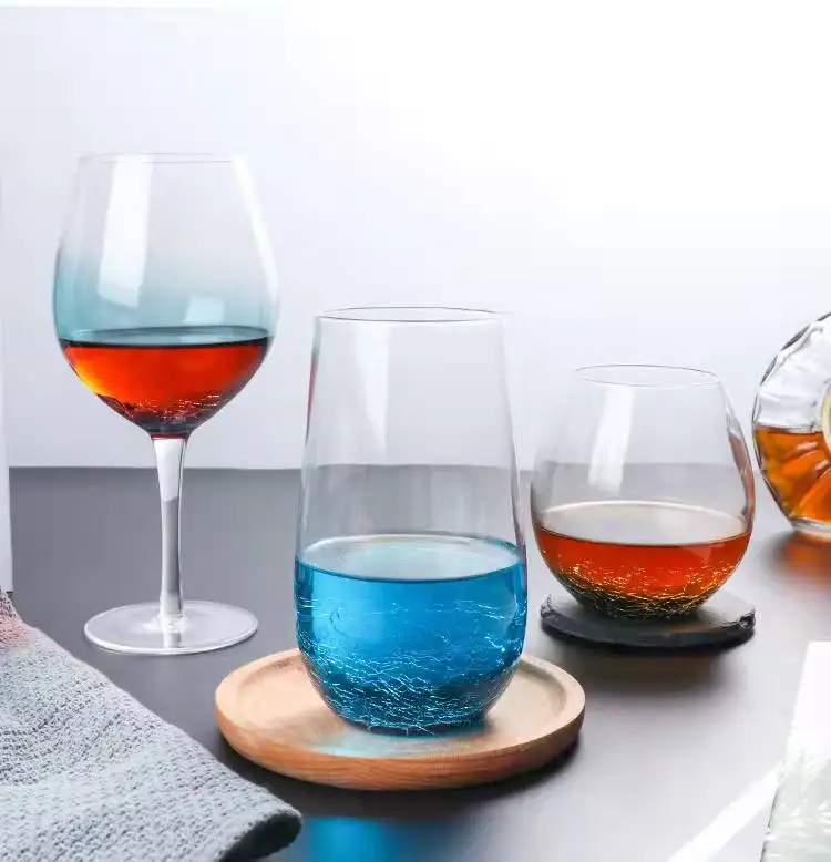 Custom Crystal Glass Goblet Ice cracked Glasses Red Wine Glass Crafted Handmade Personalized Blue Colored Stemless Wine glass
