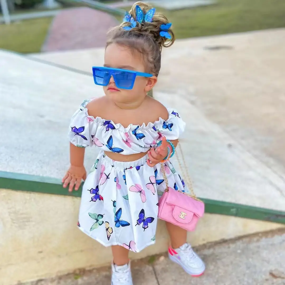 Girls Clothing Summer Off Shoulder Two Pieces Baby Clothing Sets Off Shoulder Top Butterfly Print Skirt Girls Dresses