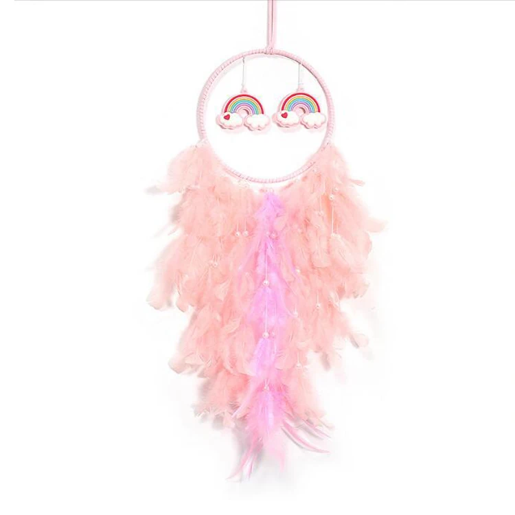 Cloud Dream Catcher Feather with Led String Lights Wall Hanging Kids Room Decor Nursery Wall Art Ornament Decor Craft Gift