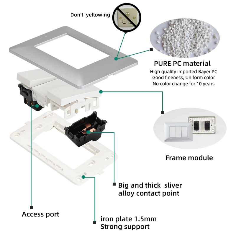 High Quality White 16a  PC Material 1 gang one way home electric Wall light switch