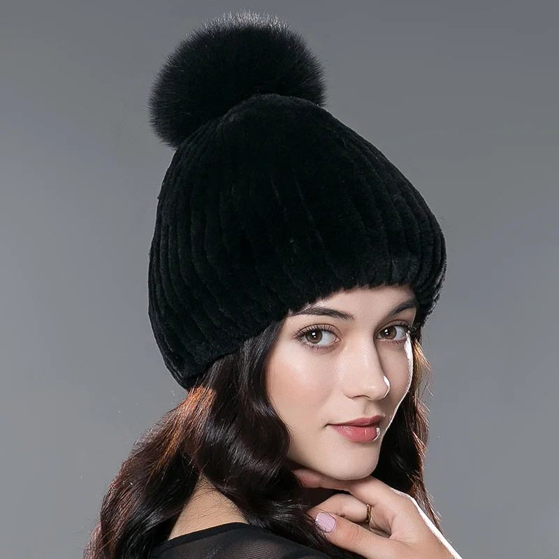 Real Rabbit Fur Hat Female Thick Warm Winter Hats For Women Fashion Luxury Knitted Beanie with Fur Pompom