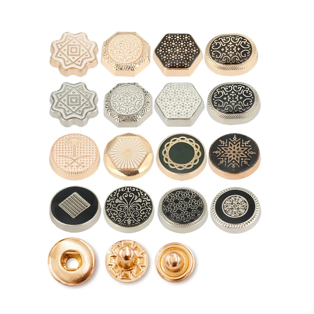 Jinyi Button Factory 12mm Thobe Kurta Clothes Custom Logo Round Metal Zinc Alloy 4 Part Press Button with Pattern Snap Buttons