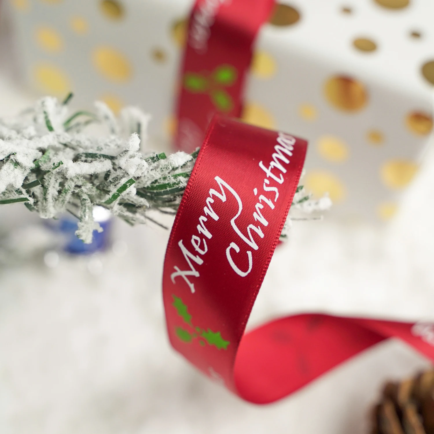 Midi Factory Stock New Merry Christmas Ink Gold Foil Printed Gift Ribbon For Gift Package Bows Christmas Party Decorative