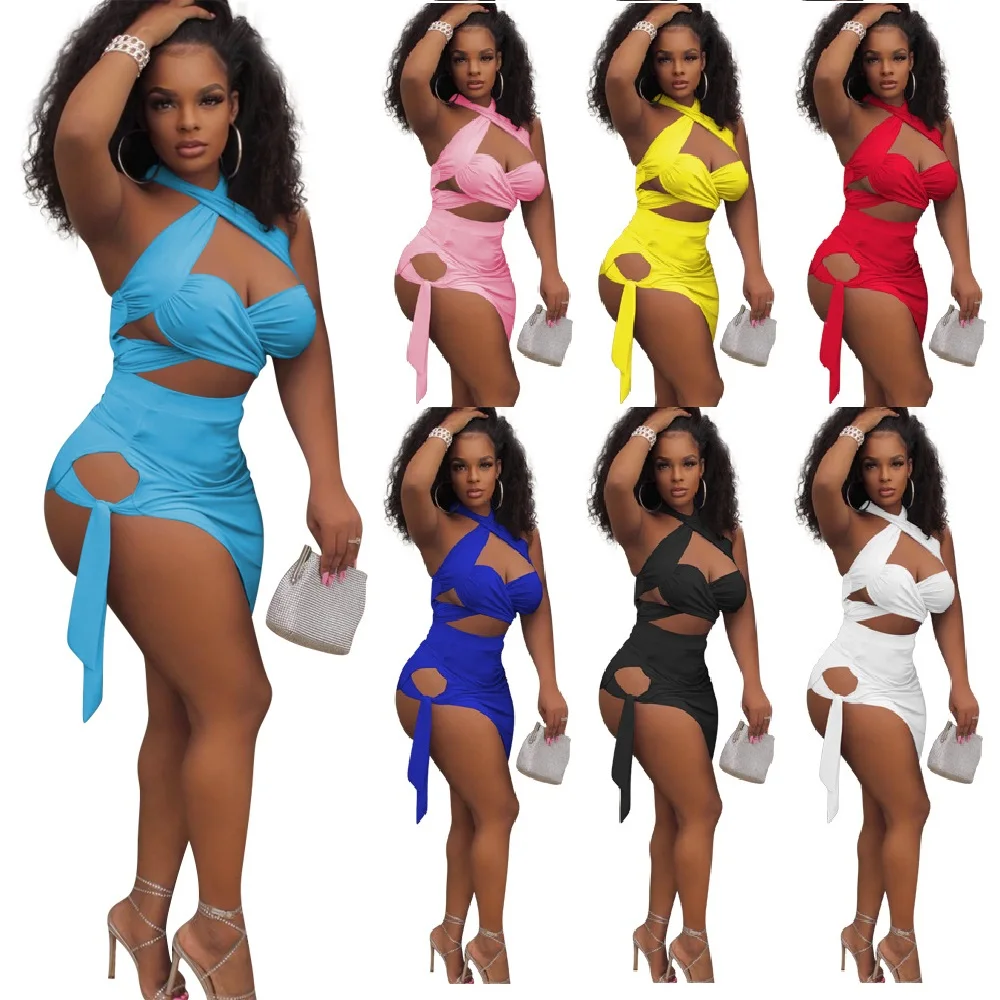 Trending Products 2021 New Arrivals Cute Summer Outfits Bandage Backless Top Women Skirt Set 2 Piece Sets