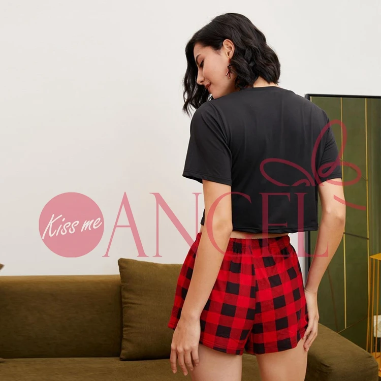 KISS ME ANGEL new arrival niche display thin dew waist letter print red plaid home clothes sexy pajamas girl