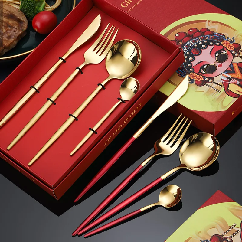 Nordic Commercial Stainless Steel Portuguese Cutlery Luxury Royal Spoon Fork and Knife Set Gold Colored Silverware With Gift Box