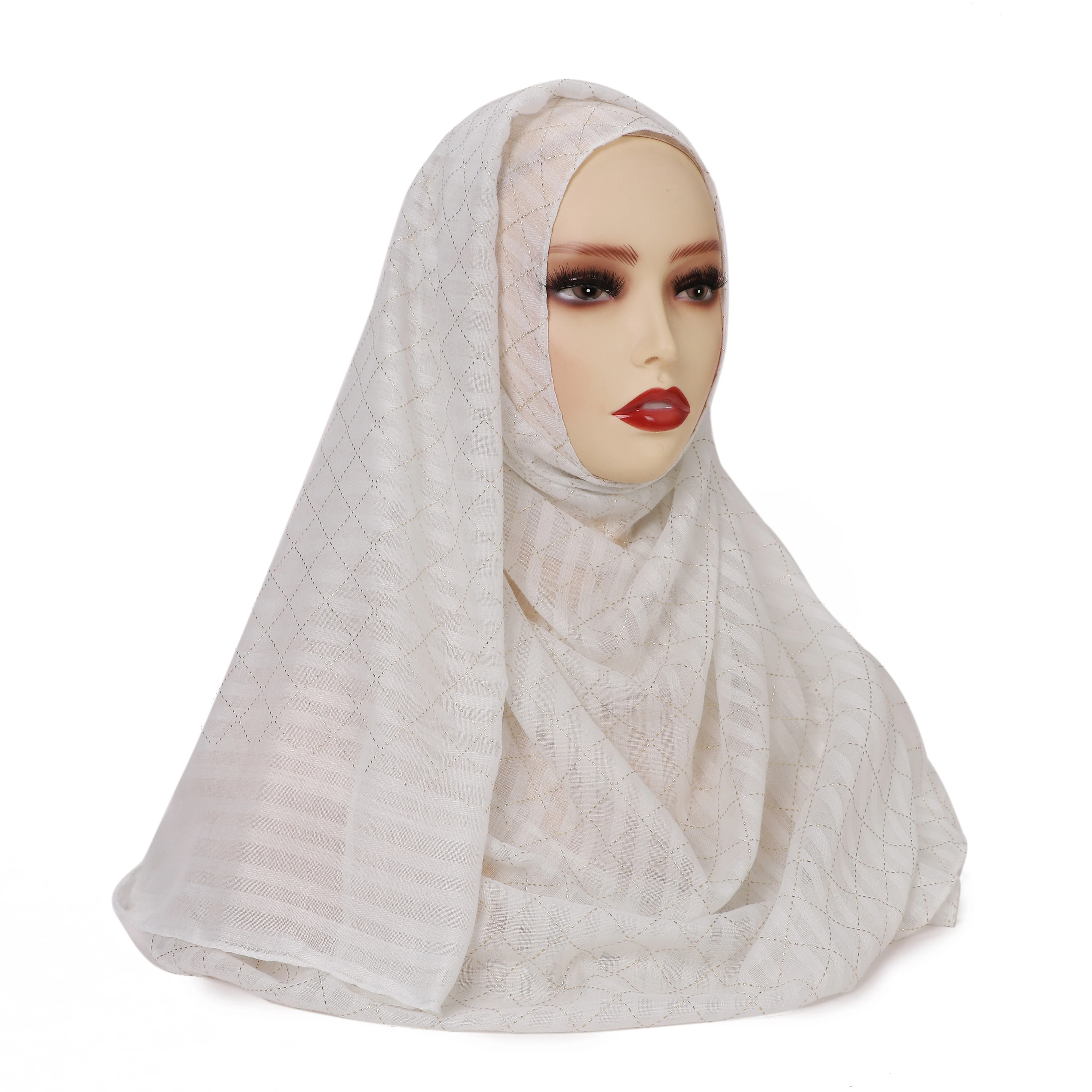 Elegant Shawl Casual Head Wrap Women Comfortable Simple Islamic Muslim Long  Hijab Women Plaid Rhinestone Stripe Cotton Scarf