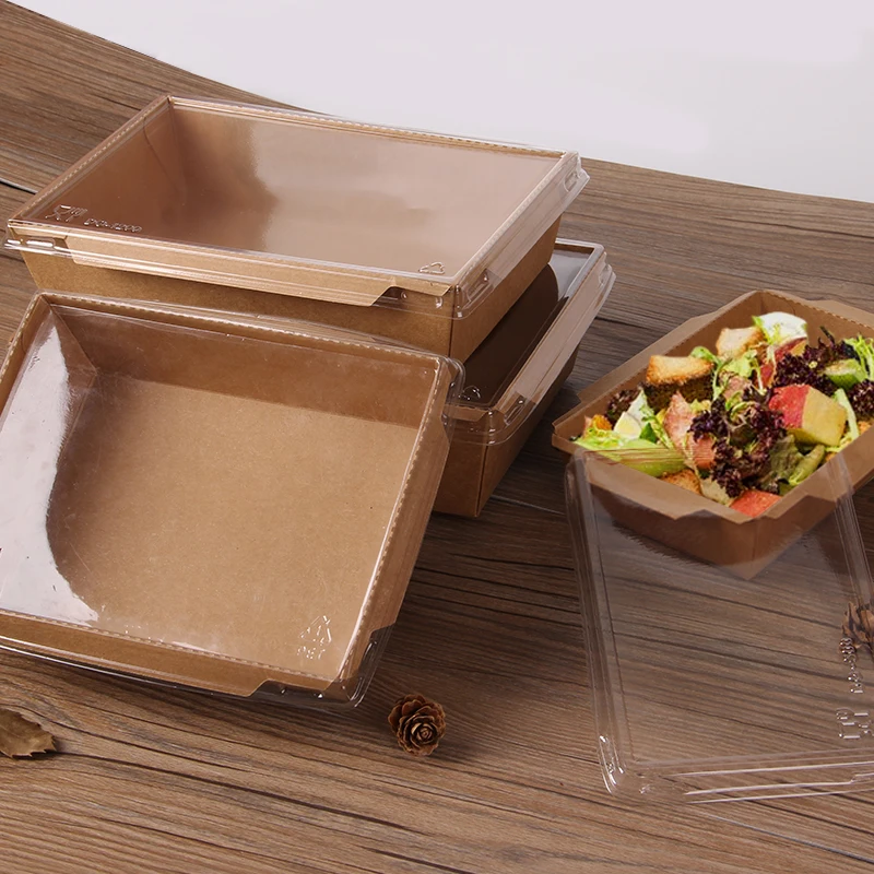 Disposable recycle  kraft paper  food lunch packaging box with compartment Anti-fog PET Lid /Salad  takeaway pack boxes
