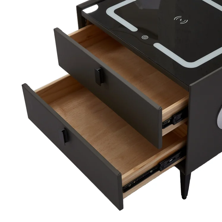 Modern MDF Wooden Nightstand 2 Drawers Smart Coffee Table with Wireless Charging USB Ports & Speaker for Bedroom & Living Room