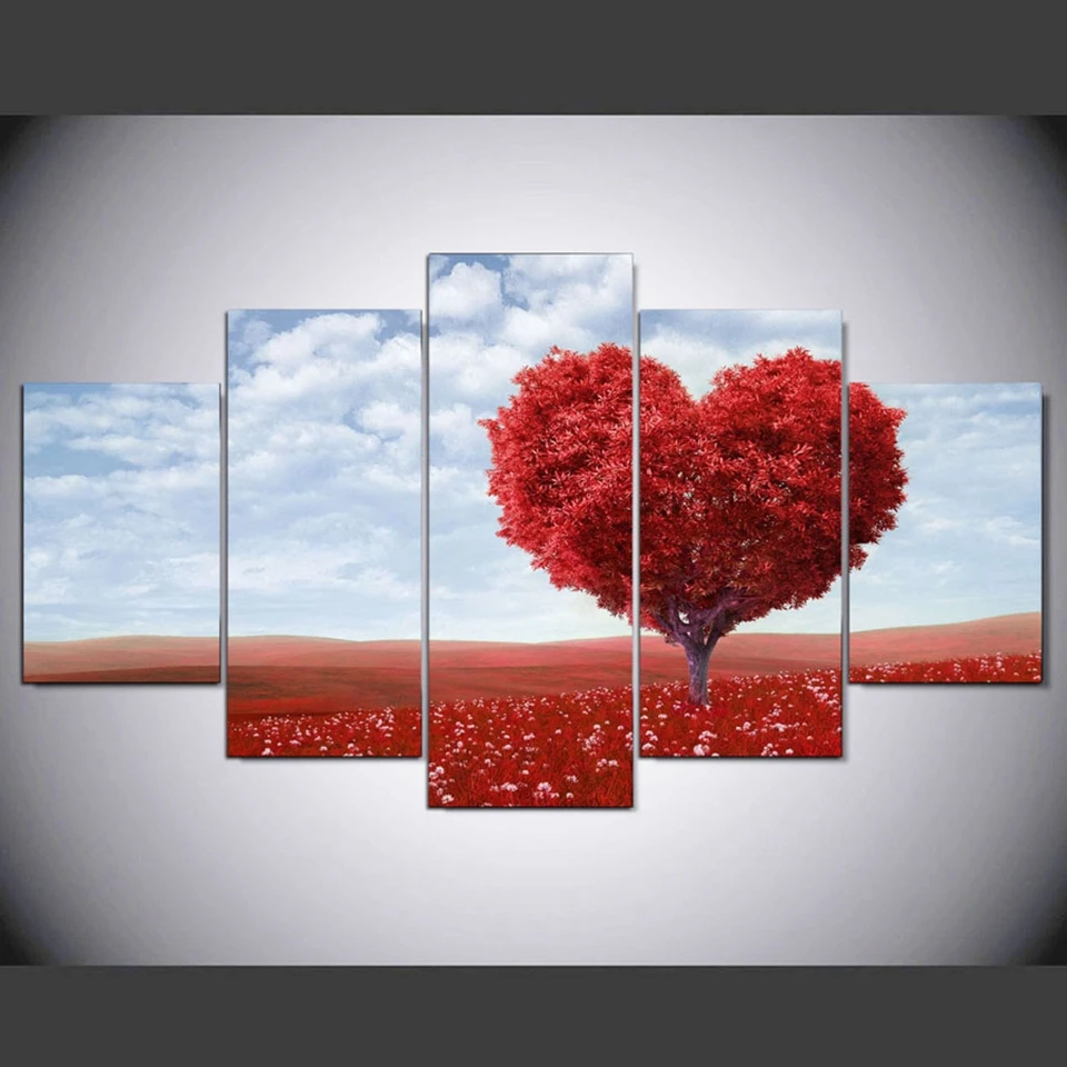 5 Panels Red Loving Heart Tree Wall Art Posters For Modern Home Decor HD Canvas Painting Living Room Modular Pictures