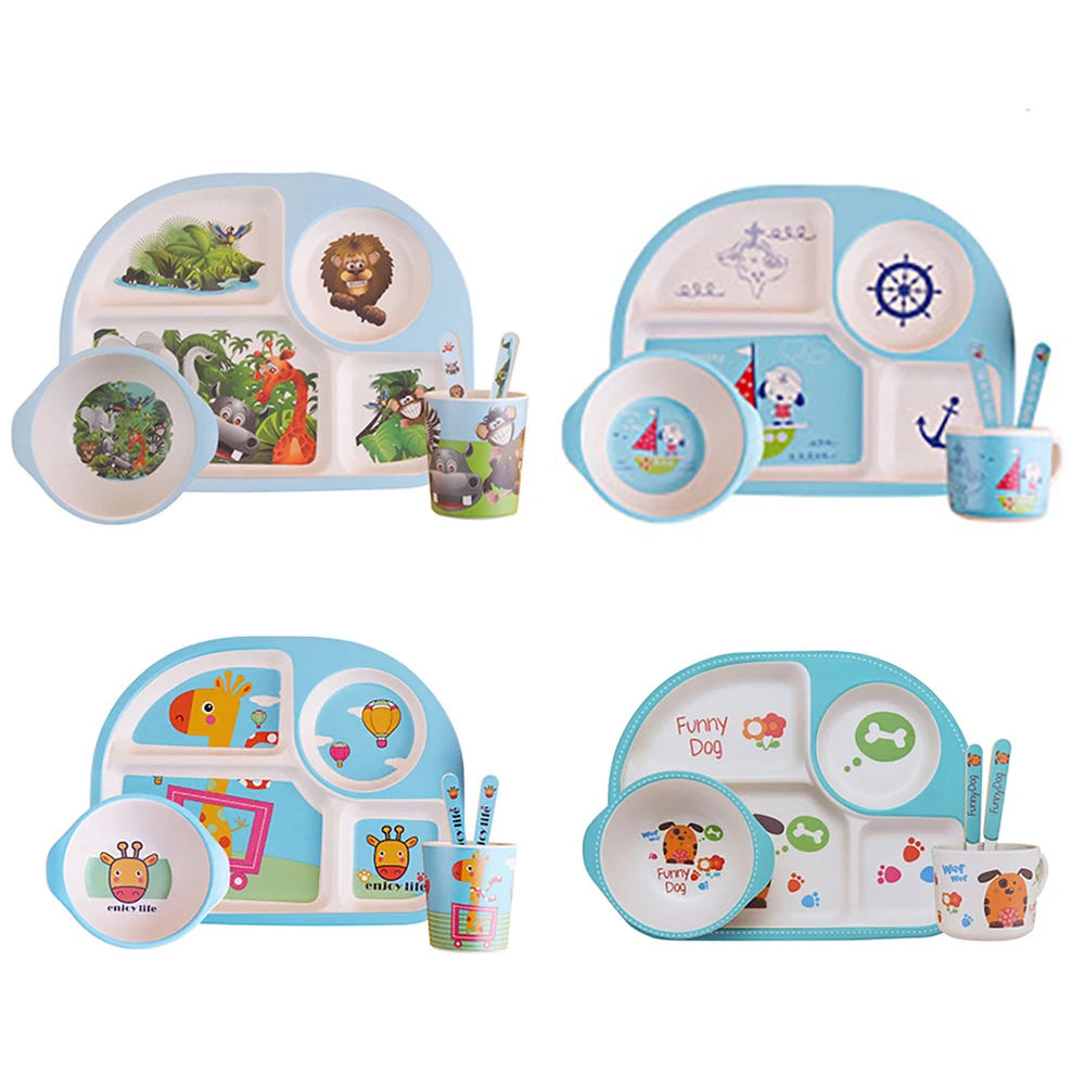 
Amazon hot selling 5pcs/set Cute Design Cartoon Bamboo Fiber Kids Dinner/Dinnerware/Tableware Sets 