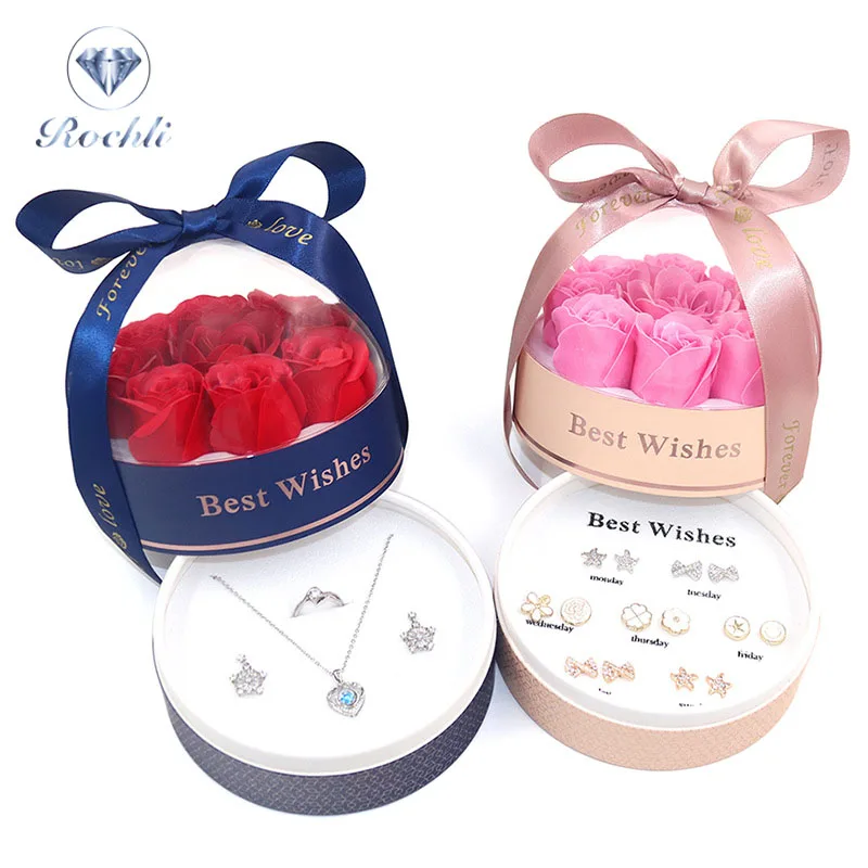 2022 New Soap Rose Display Stud Earrings Set box Holiday Gift Necklace Lipstick Cylinder Box Jewelry Gift Box with Rose