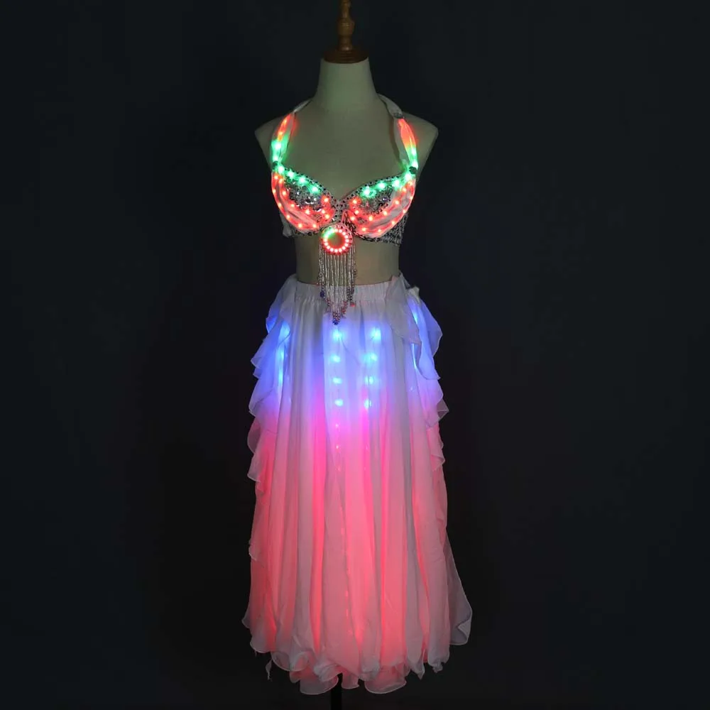 LED Color Lights Women Belly Dance Split Skirt Sexy Professional Belly dance Training Clothes Dancing Costumes