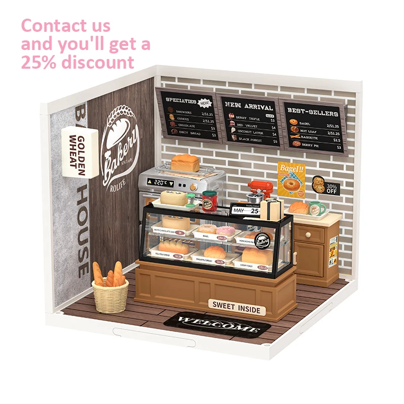 Robotime Rolife Contact Get 25% off 3D Plastic Puzzle DW005 Golden Wheat Bakery DIY Miniature Doll House With Light