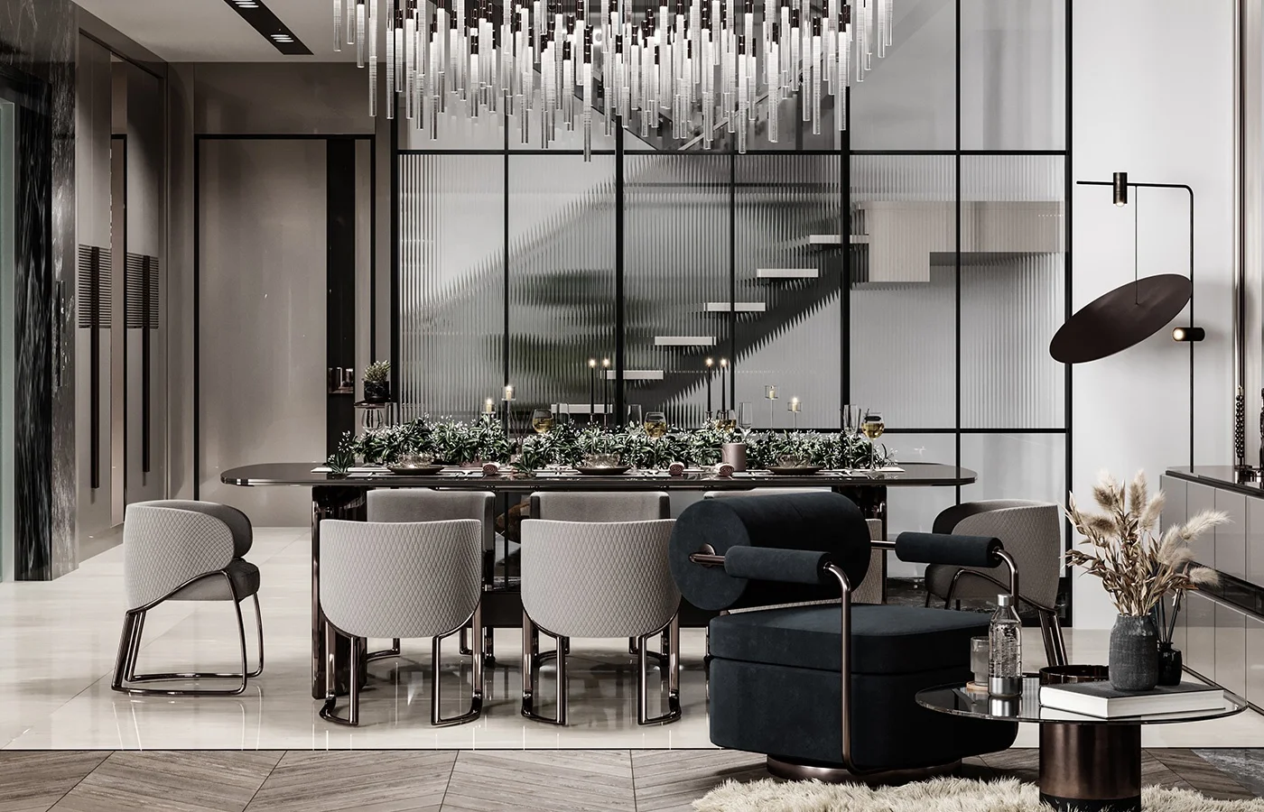 Luxury stainless steel marble top rectangular dining table set furniture manufacture