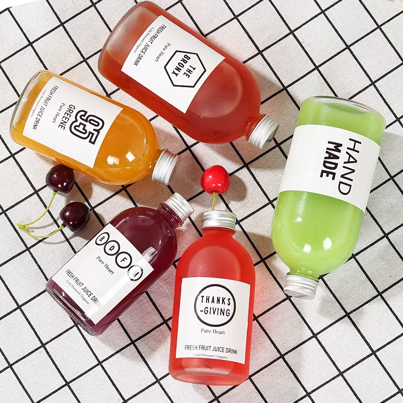 Custom Recyclable 250ml 500ml Drinking Glass Fruit Juice Bottle  Kombucha Tea 8 oz 16 oz  Boston Round Beverage Bottle