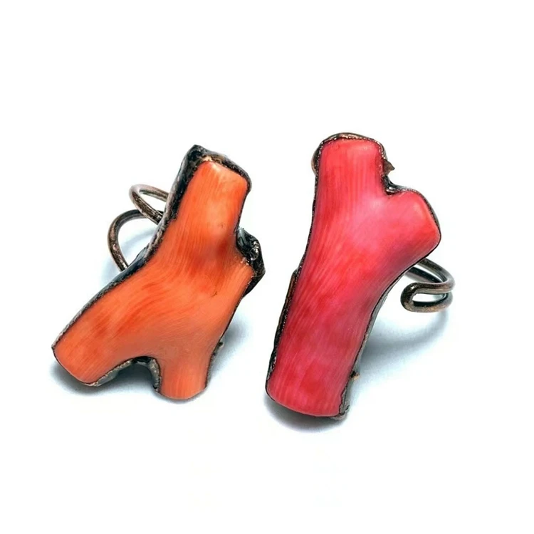 Vintage Rough Gemstone Raw Coral Turquoise Crystal Brass Ring Adjustable Fashion Trendy Copper Jewelry for Women Man Gift