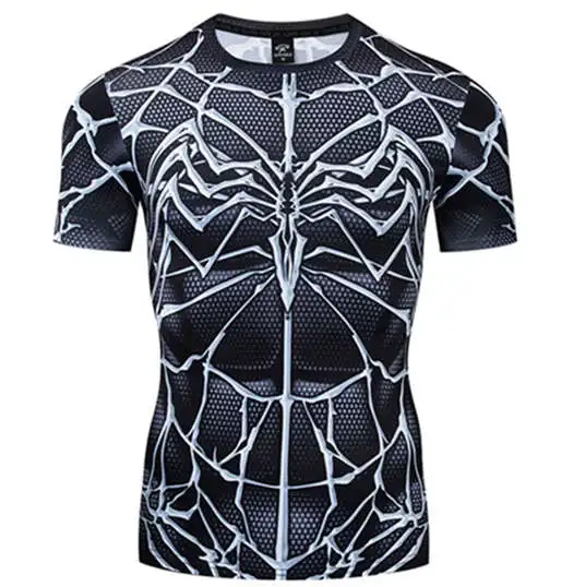 Mens Sports Fitness Elastic Short Sleeve Superhero Print T-shirt
