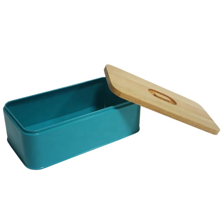 Vintage Design Rectangular Color Coated Steel Bread Storage Box with Bamboo/ Wood Lid Metal Bin