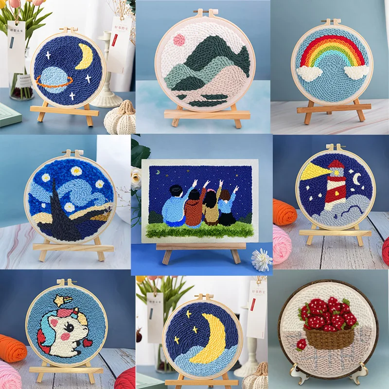 kids Home Decor DIY Landscape Rainbow Punch Needle Embroidery Kit With Hoop Punch Needle Cross Stitch Handwork Set