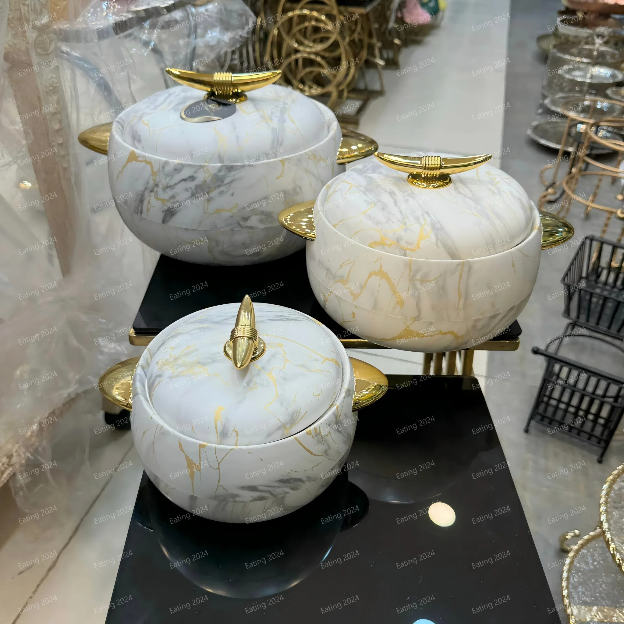 Round Thermal Hot Cold Serving Bowls Set of 3 Bar Hotel Luxury Gift Set For Freshness 1L+2L+3.5L Insulated Hot Pot Casserole Set