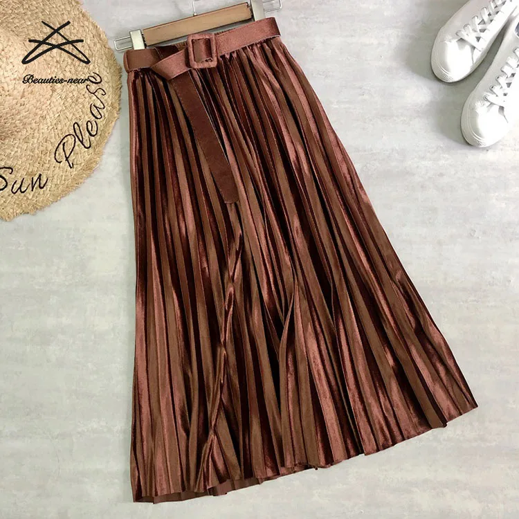 Women Korean Ladies Belt Ladies Velvet Pleated Elegant Womens Aline High Waist Midi Skirts