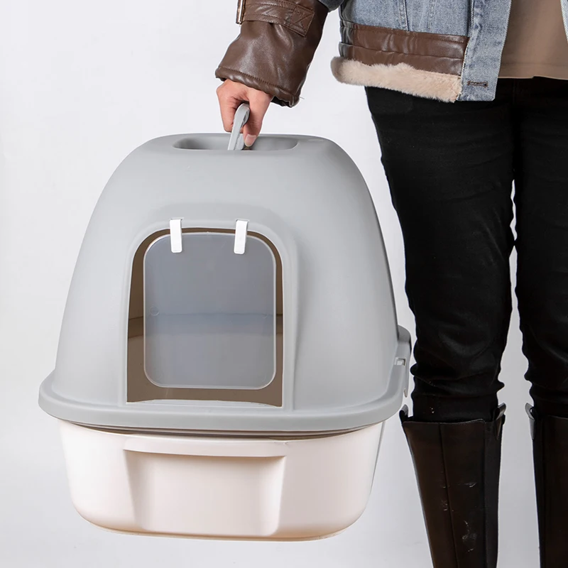 Large Cat Litter Box with lid  Portable fully enclosed cat stretcher box  tray toilet with hidden spoon sand