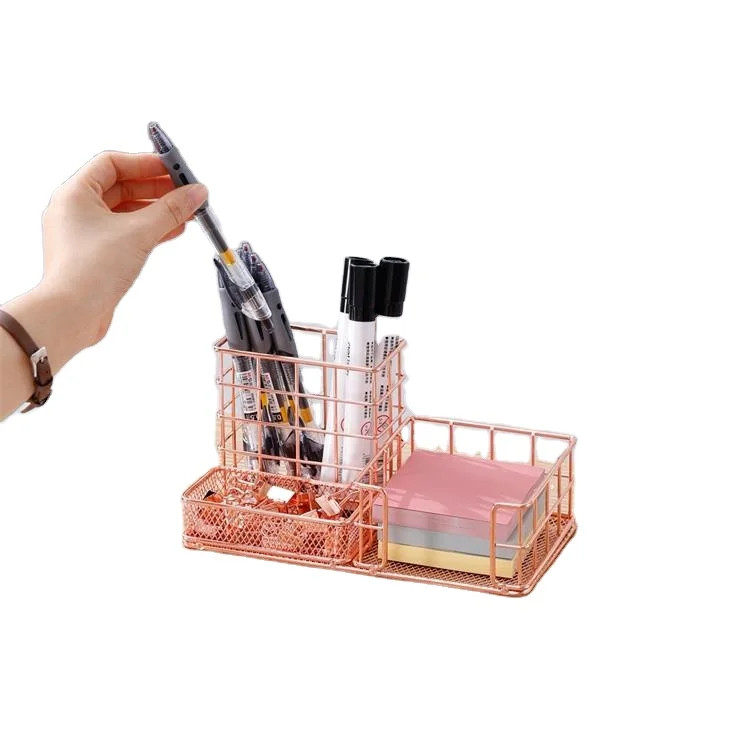 Multifunctional Storage Basket Desk Organizer Rose Gold Metal Wire Stationery Pen Holder For Office
