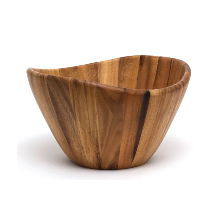 Fashion Design Kitchen Countertop Irregular Shape Wood Brown Wave Bamboo Salad Bowls With Server