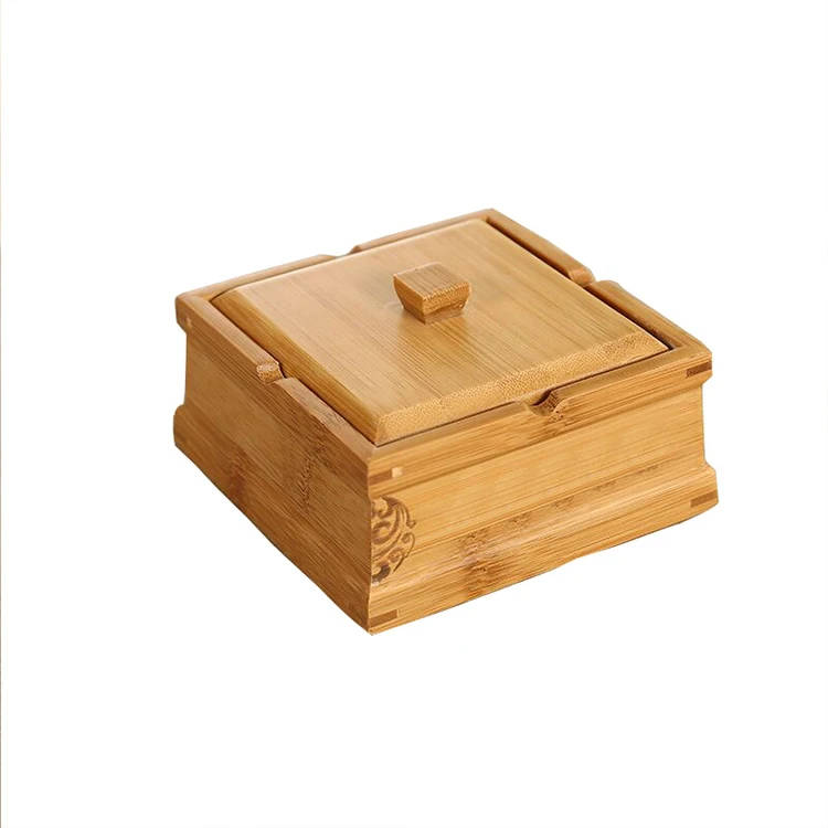 Custom Bamboo Ashtray With Lid Cigarette Ashtray With Cover Cigarette Case Box Cigar Ashes Tray Holder Tobacco Jar For Wholesale