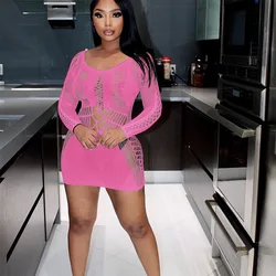 Лидер продаж 2023, летнее прозрачное черное Сетчатое платье, сексуальное облегающее Сетчатое мини-платье с длинным рукавом, женское Клубное платье