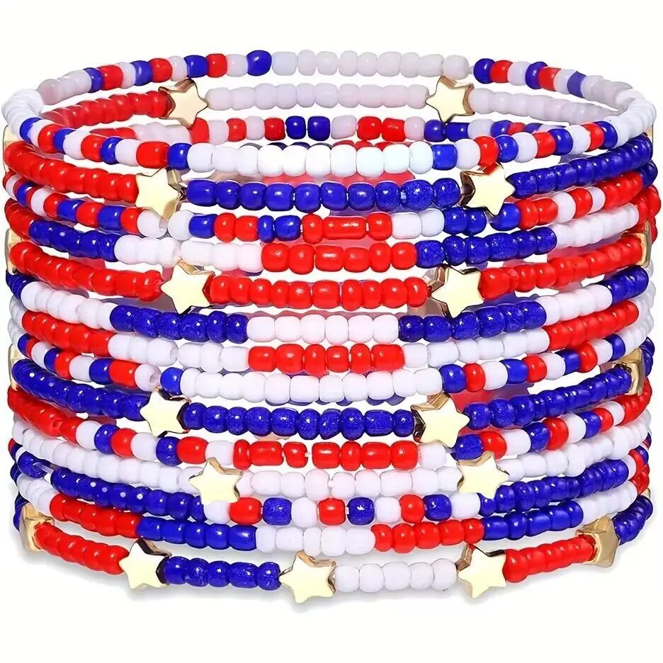 2024 Holiday Jewelry Red White Blue Seed Beads USA Bracelet Set Trendy Gold Star Beaded Layered 4th of July Bracelets for Women