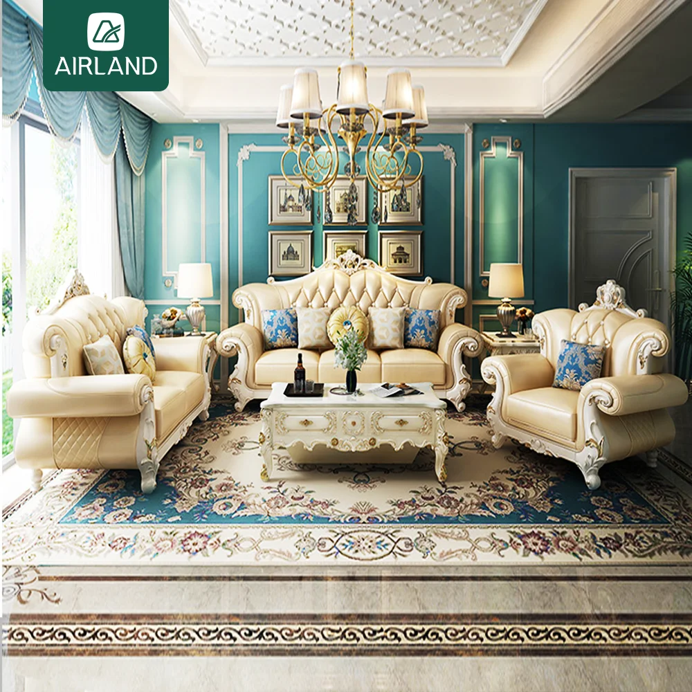 Royal European Style Sofa Flower Leather Victorian Vintage Classic Sofa Furniture Solid Wood Carved Luxury Classic Sofa Set