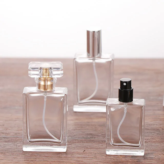 30ml 50ml 100ml Empty Luxury Square Spray Fragrance Perfume Bottle with Metal Lid Spray Pump Glass Bottle