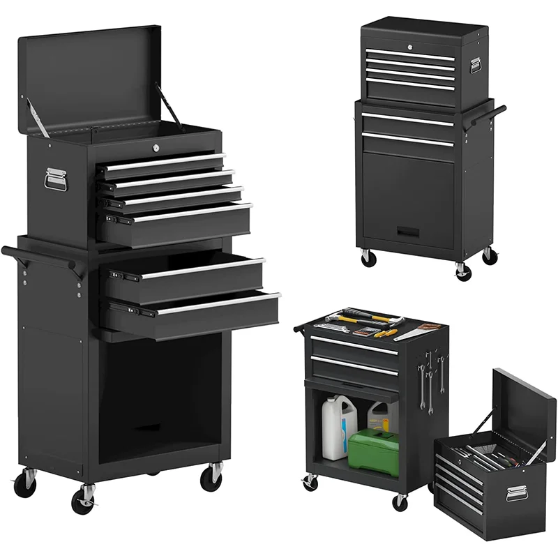 Lockable Wheels Sliding Drawers Rolling Tool Chest, Detachable Top 6-Drawer Tool Box Auto Locking Black Tool Storage Cabinet