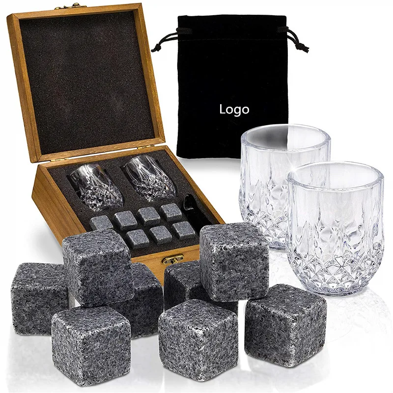 
Natural Whiskey Stones Gift Set 8 Granite Chiller Whisky Rocks with bag and Crystal Glasses in Wooden Box 
