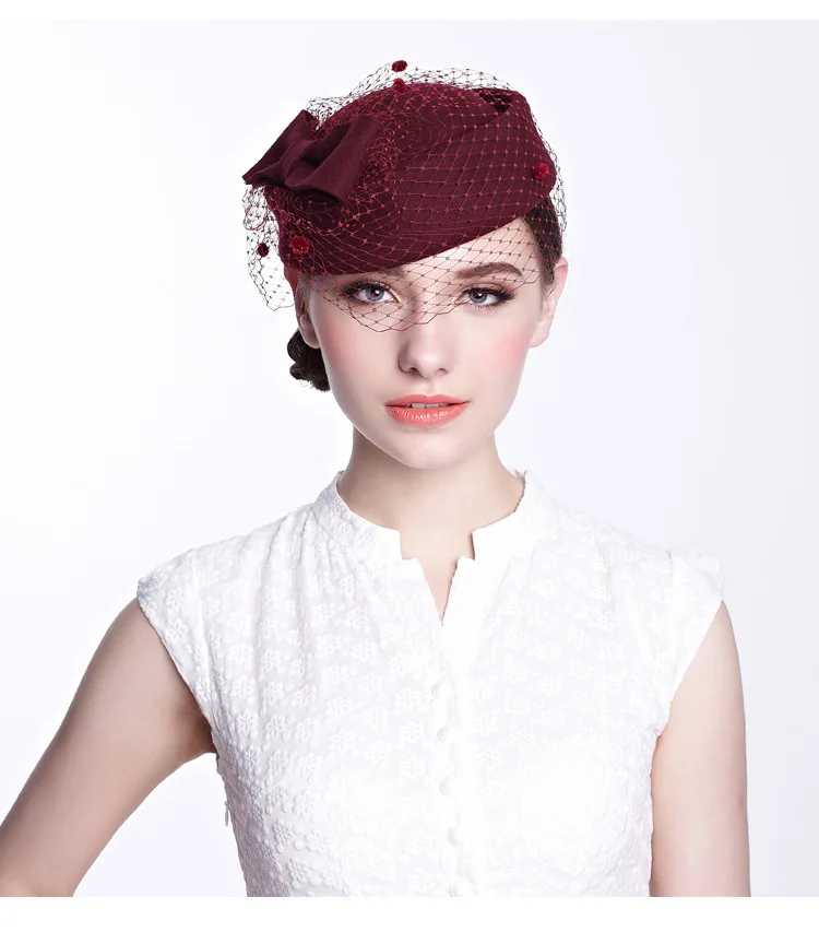 Boutique 100% Cashmere Wool Elegant Women Top Bow Hat with Veil, Celebrity Autumn Winter Bridal Tea Party Headwear