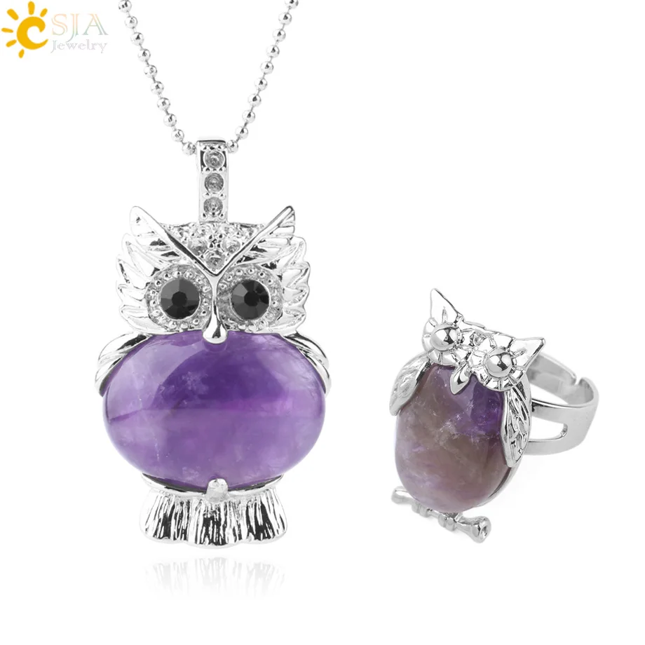CSJA hot natural amethyst stone jewellery set lovely owl animal pendant necklace and adjustable ring sets wholesale F663