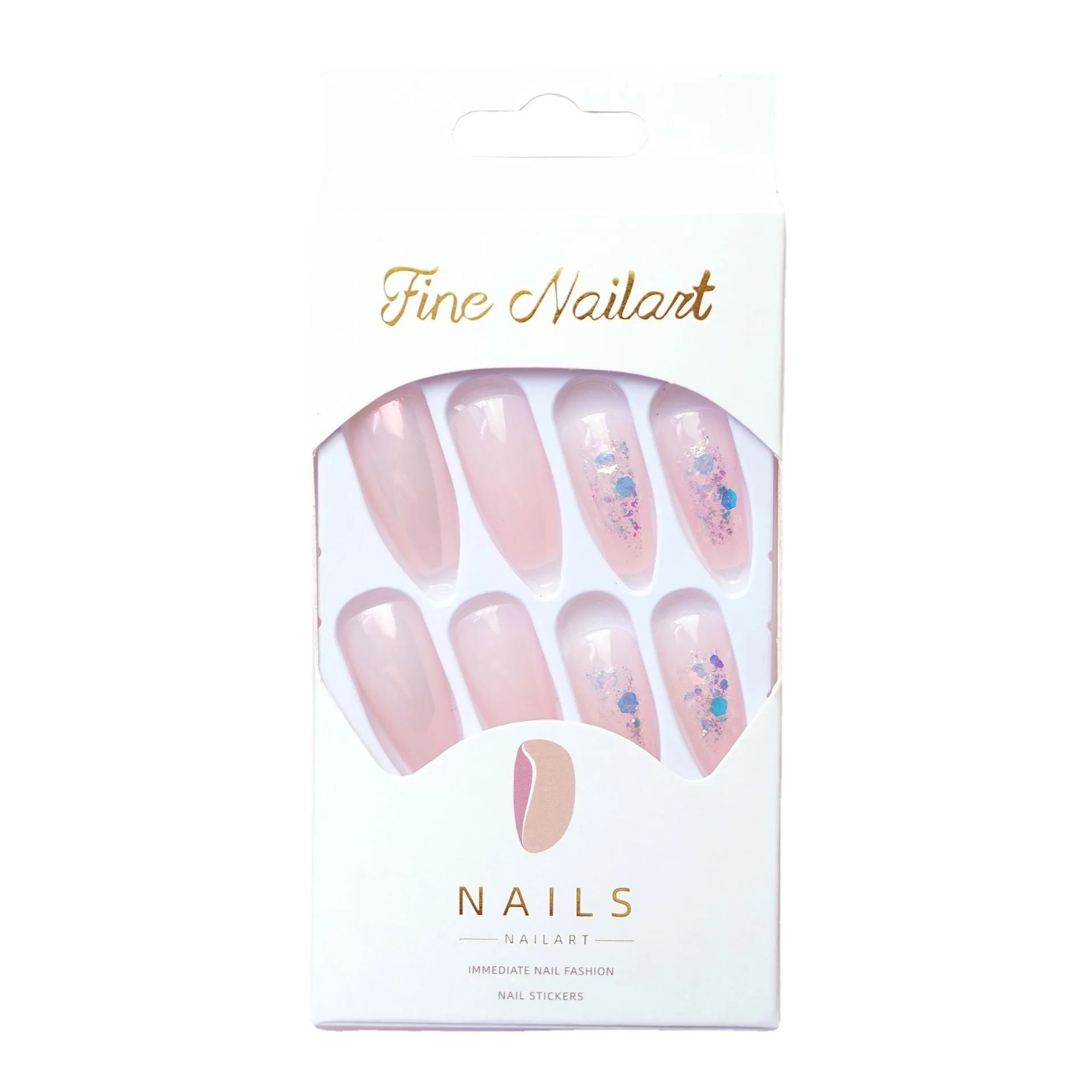 Super flash broken diamond nude powder Fake Nails Wearable manicure mirror surface Press On Nails Ballet T