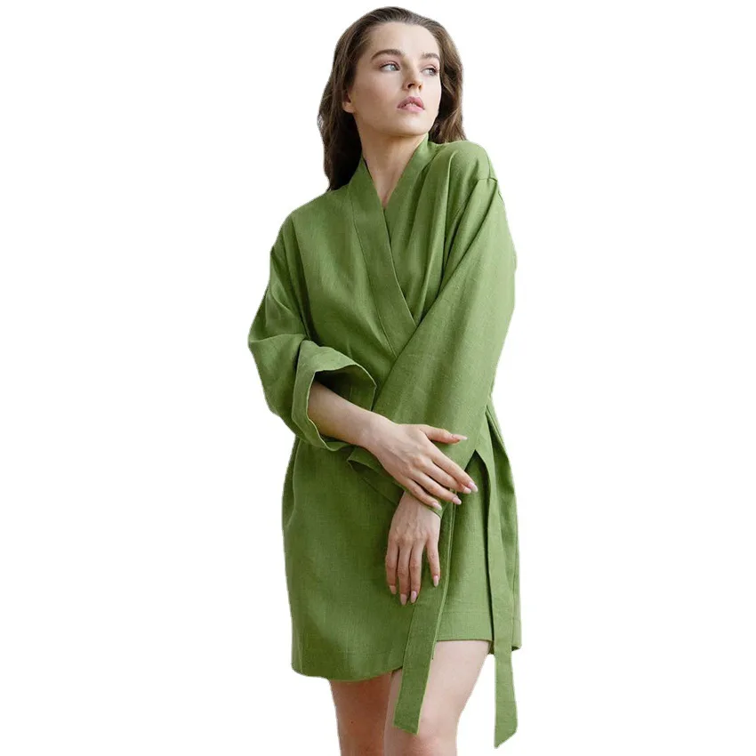 Kimono Robes 100% Cotton And Linen Solid Color Long-sleeved Cardigan Pajamas Outerwear Ladies Pajamas Home Clothes